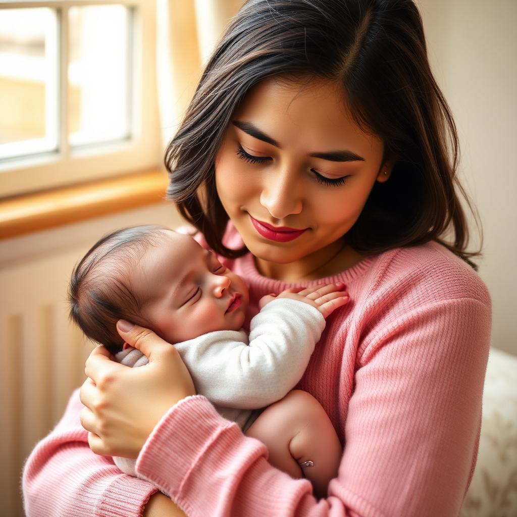 Madre emocionada sosteniendo al bebé